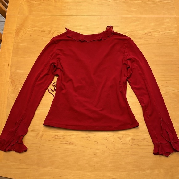Cache Red Faux Suede Surplice Wrap Top with Ruffle Trim Sz L - Picture 8 of 12